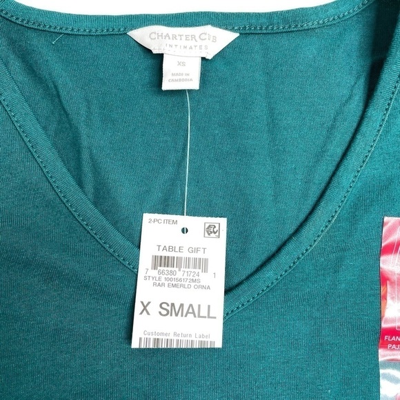 Charter Club Intimates V-Neck Shirt & Flannel Pants Pajama Set Emerald Ornaments - Picture 4 of 9